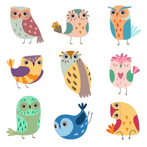 Collection of cute owlets colorful adorable owl Vector Image