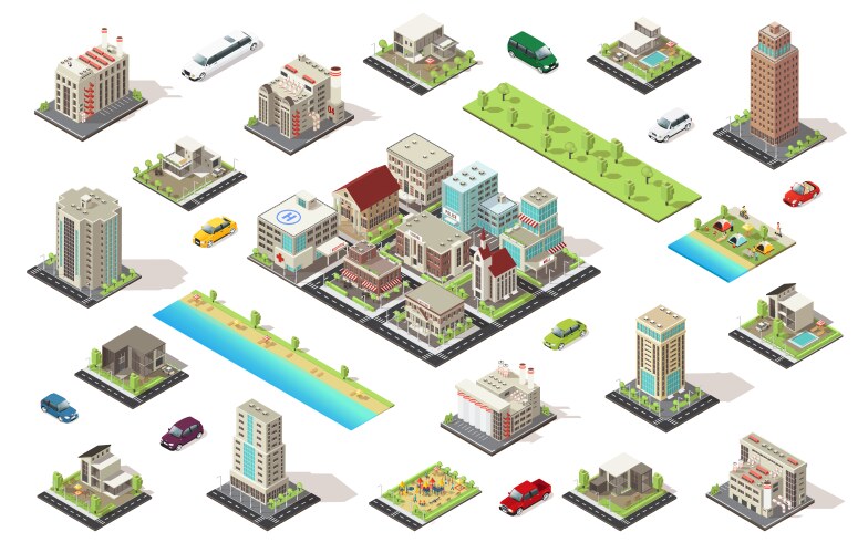 Isometric road elements city map constructor Vector Image