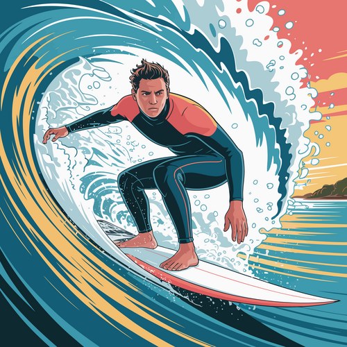 Surfer riding a powerful barrel wave at sunset Vector Image