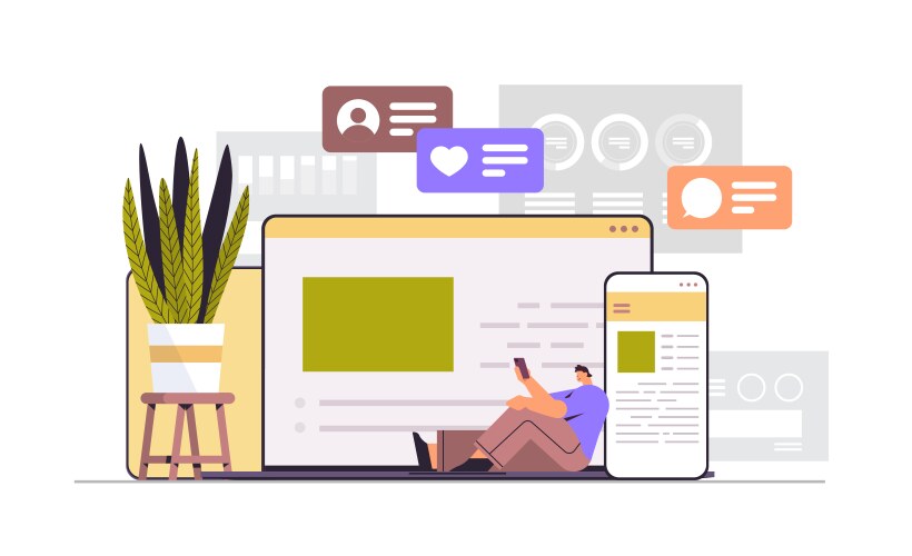 Man using computer and mobile chatting apps online vector image
