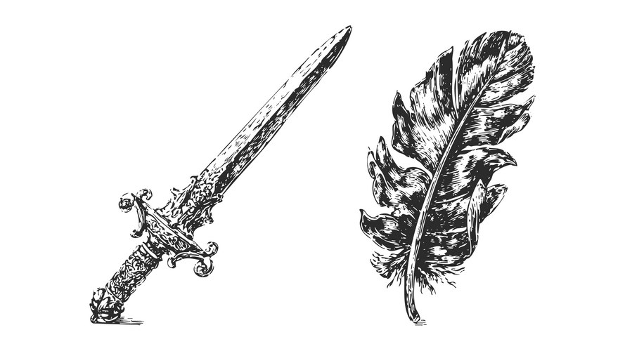 Ink Sword and Feather Sketch Vector Image