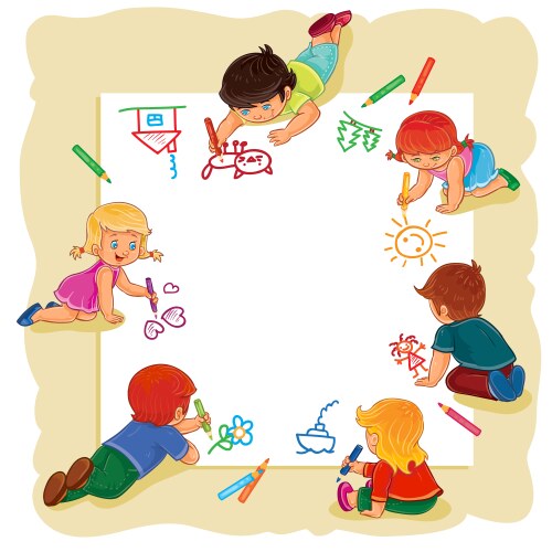 Happy children together draw on a large sheet vector image