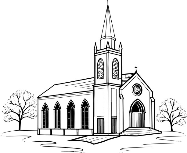 Black & White Church Line Drawing Vector Image