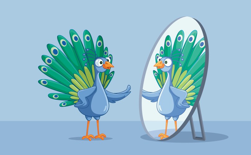 beautiful peacock admiring itself in mirror vector image