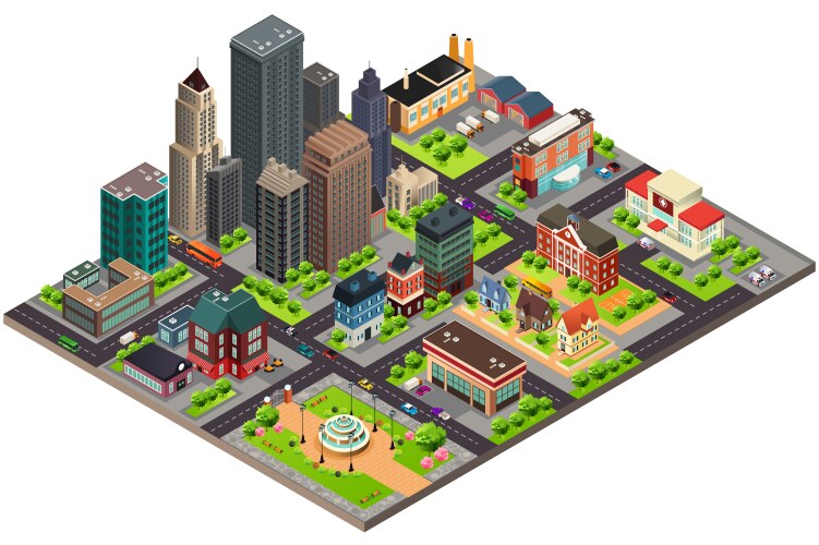 isometric design of city streets and buildings vector image