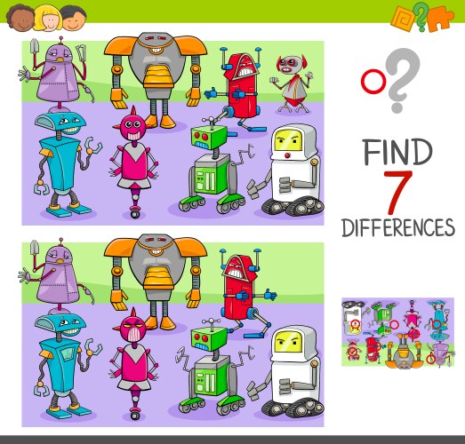 find differences game with robots fantasy vector