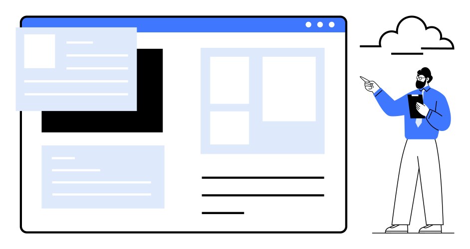 Digital presentation with speaker pointing at web vector image