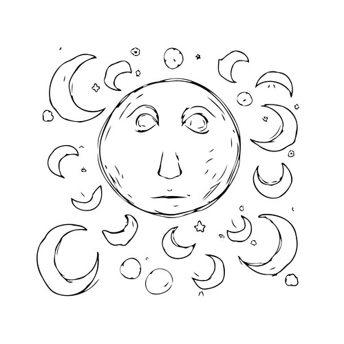 Celestial Moon Face - Ethereal Sketch Vector Image