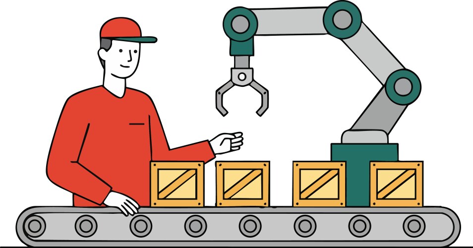 Factory worker operating robotic arm loading vector image