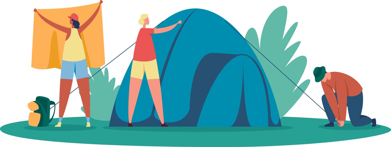 Tourists group setting tent for camp outdoor rest vector image