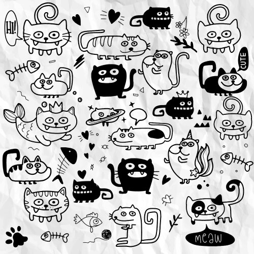 activities funny doodle cats set hand drawn vector image