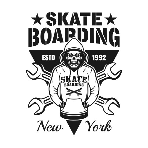 Skeleton in hoodie skateboarding emblem Vector Image