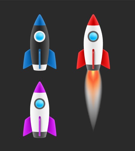 3d style space rockets set on black background vector image