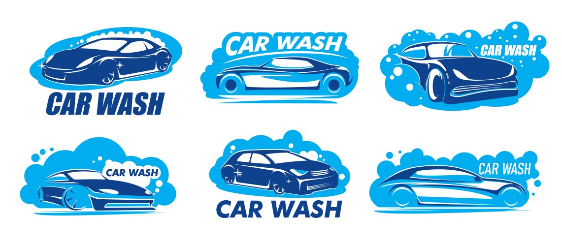 Car wash icons with clean autos foam and bubbles vector image