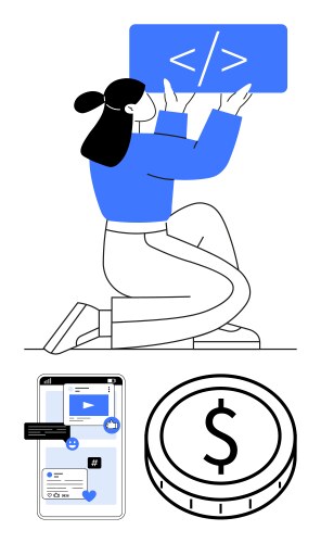 Female programmer holding code symbol with mobile vector image