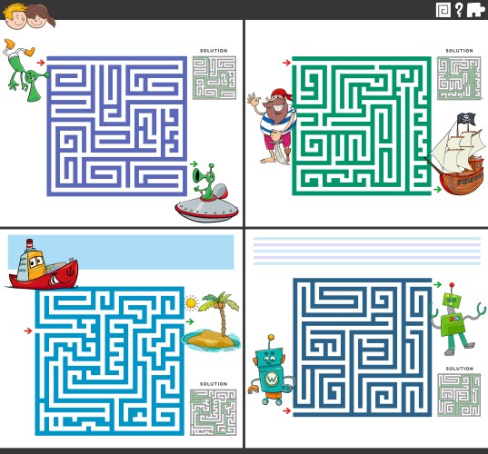 maze activity games set with funny cartoon vector