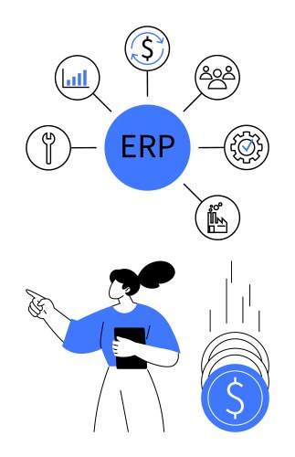 Erp system connected to key business functions vector image