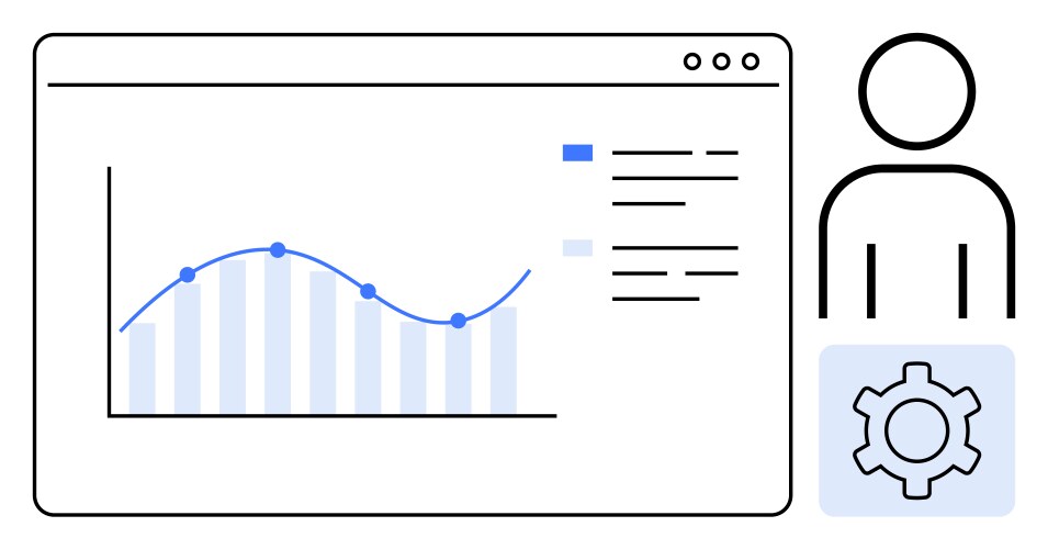 Data analysis dashboard with line graph and user vector image
