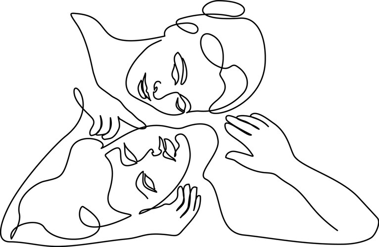 mother and adult daughter hug one line drawing vector image