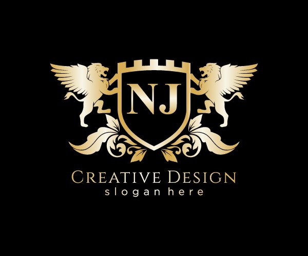 NJ Initial Logo with Lion - Royal Template Vector Image