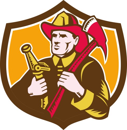 Fireman firefighter holding hose axe circle retro – Royalty-Free Vector ...