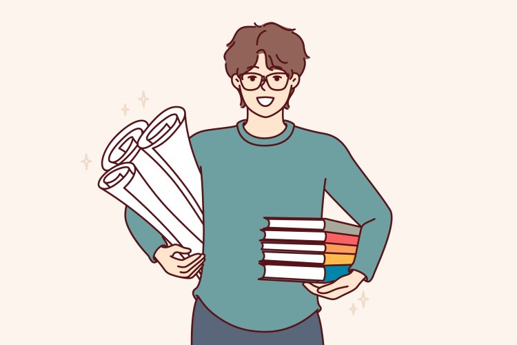 man student with textbooks and papers for creating vector image vector image