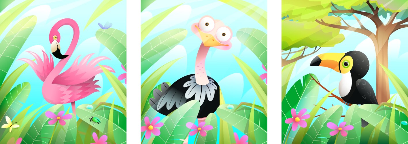 Babirds toucan flamingo and ostrich for kids Vector Image