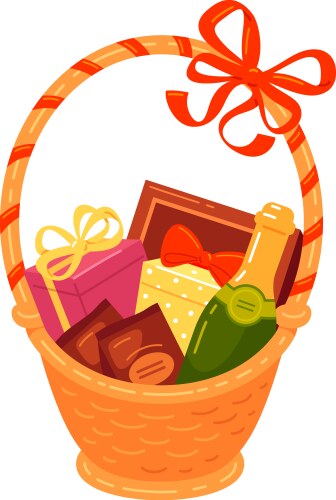 gift straw basket full of champagne sweet candies vector image