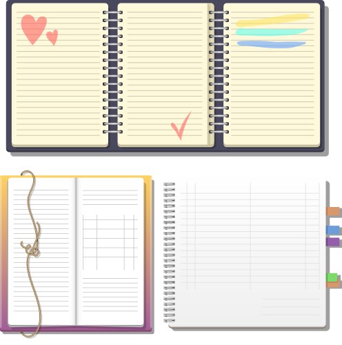 Set of open realistic notebooks with pages diary vector image