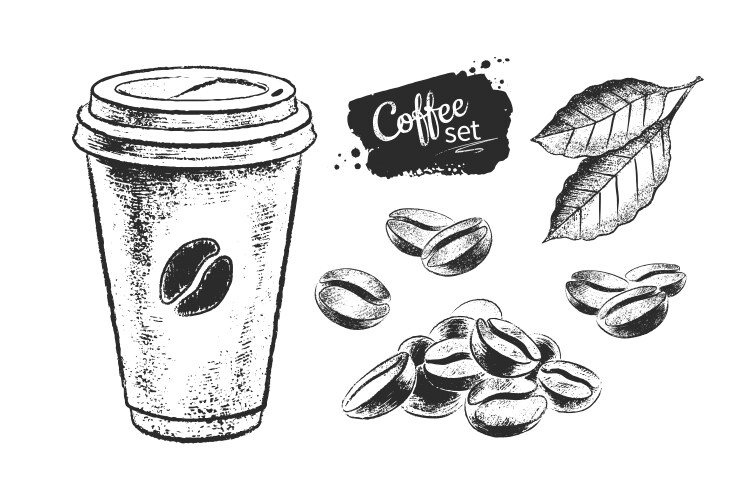 Coffee Beans & Cup Set - Black & White Vector Image