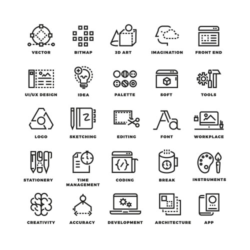 creative process and tools line icons set vector image