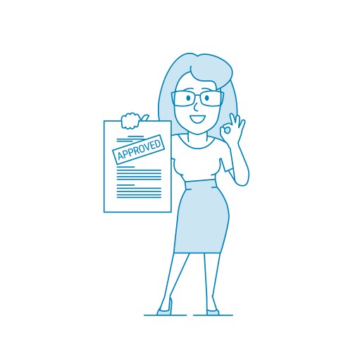 Happy woman shows a document with inscription vector image