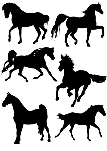 Six Horse Silhouettes - Black and White Vector Image