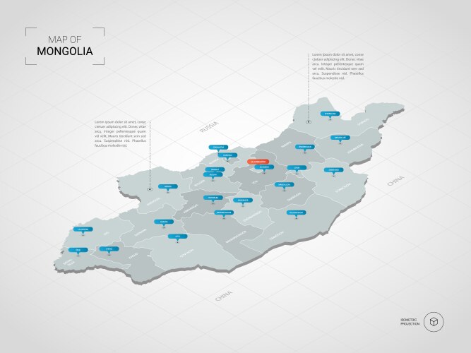 Isometric mongolia map with city names vector image