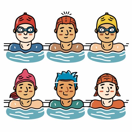 Six diverse swimmers swimming caps goggles ready vector image