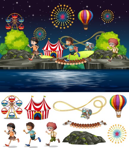 Scene background design with many rides Royalty Free Vector