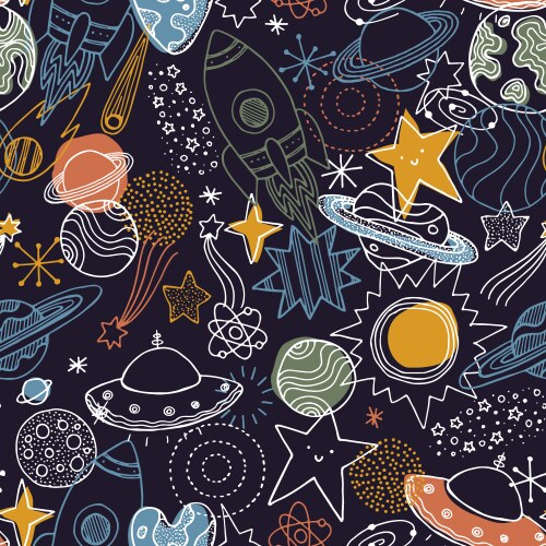 Various space elements seamless pattern linear vector image