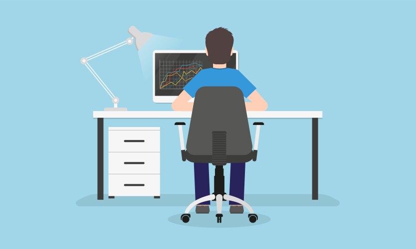 Man is working on the computer back view person vector image