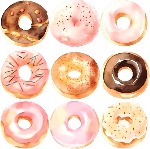 Collection of watercolor colorful donuts glazed vector image