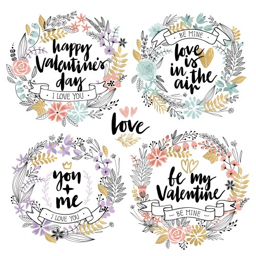 Romantic Floral Valentine's Day Calligraphy Set Vector Image