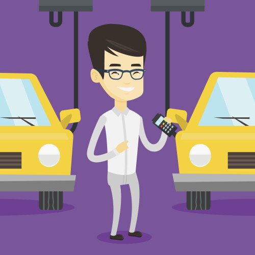 Worker controlling automated assembly line for car vector image