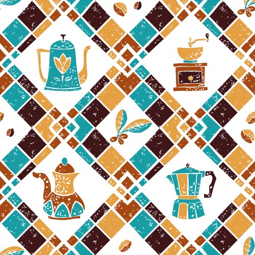 Seamless pattern argyle and coffeepots vector image
