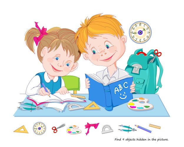 Logic puzzle game for kids find 9 objects hidden vector image