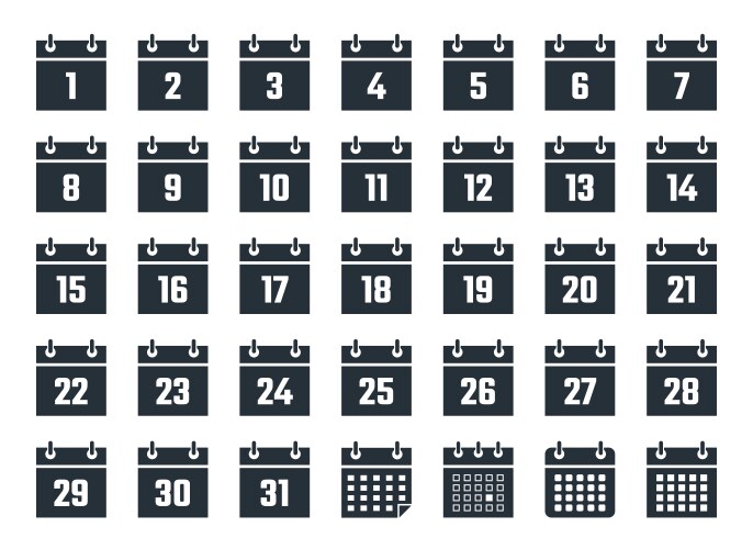 Calendar icons set with dates from 1 to 31 vector image