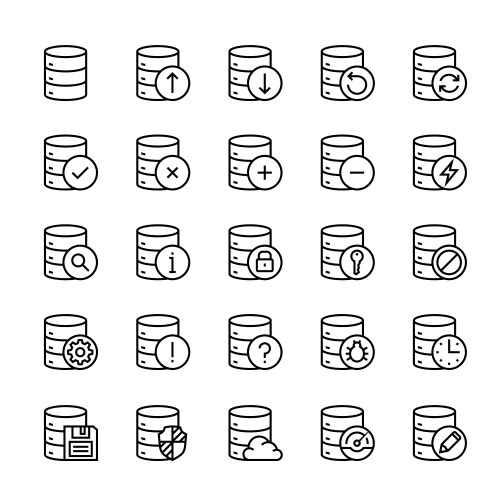 Database and data center icon set in thin line vector image