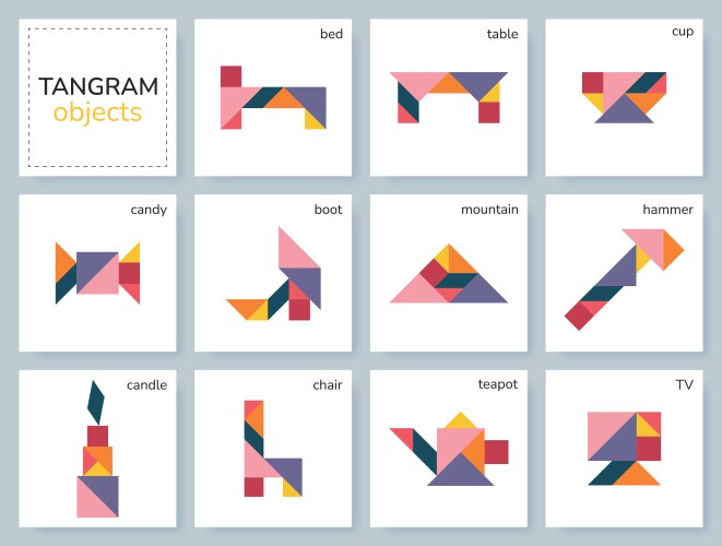 Tangram puzzle set with various objects vector image