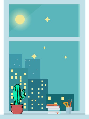 Cute cactus character and window in wall vector image