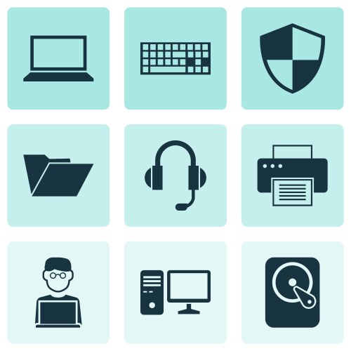 Notebook icons set collection of printing machine vector image