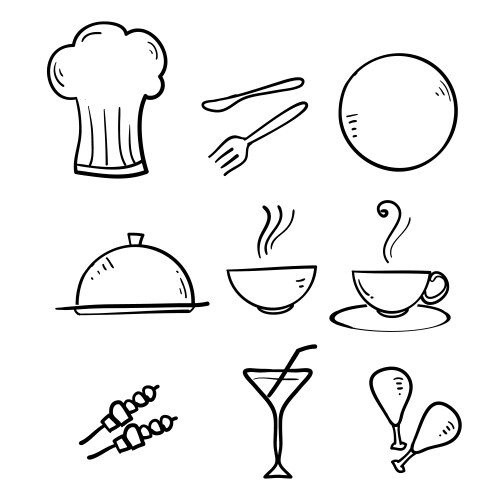 Hand drawn food and drinks icon restaurant line vector image