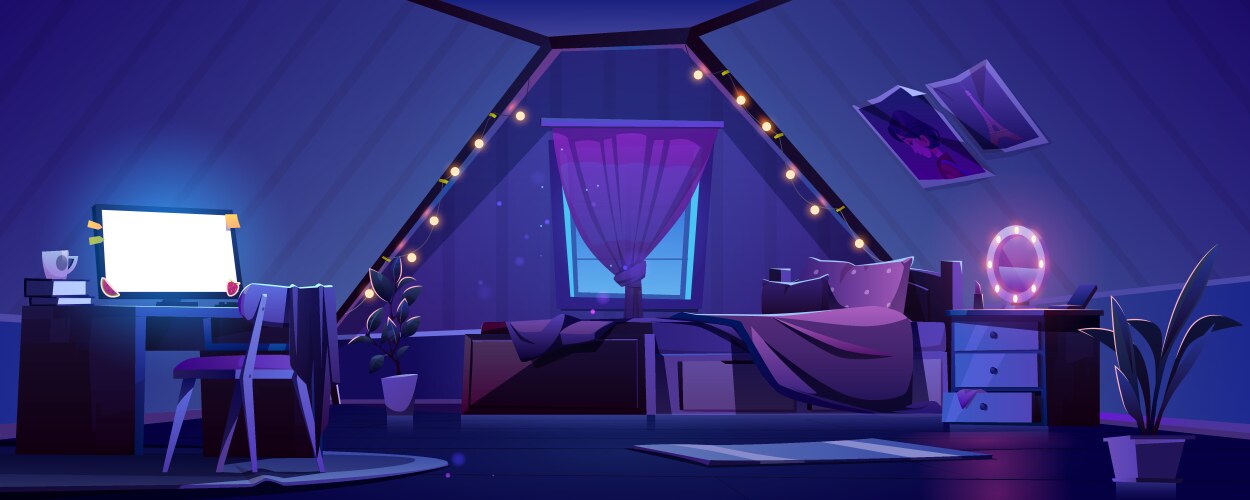 Girl bedroom interior on attic at night vector image